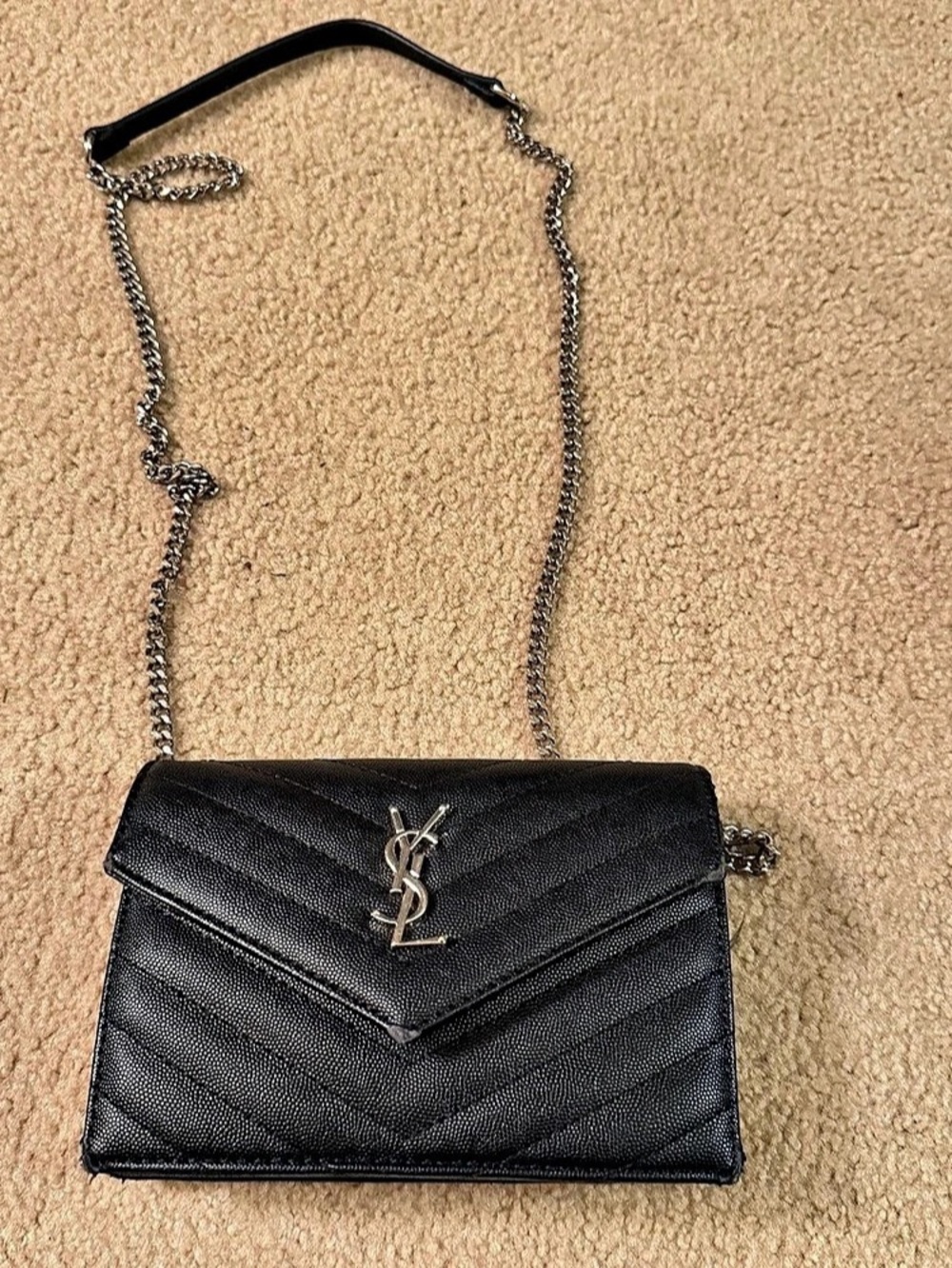 Saint Laurent Cassandre Envelope Chain Wallet in Grain De Poudre Leather